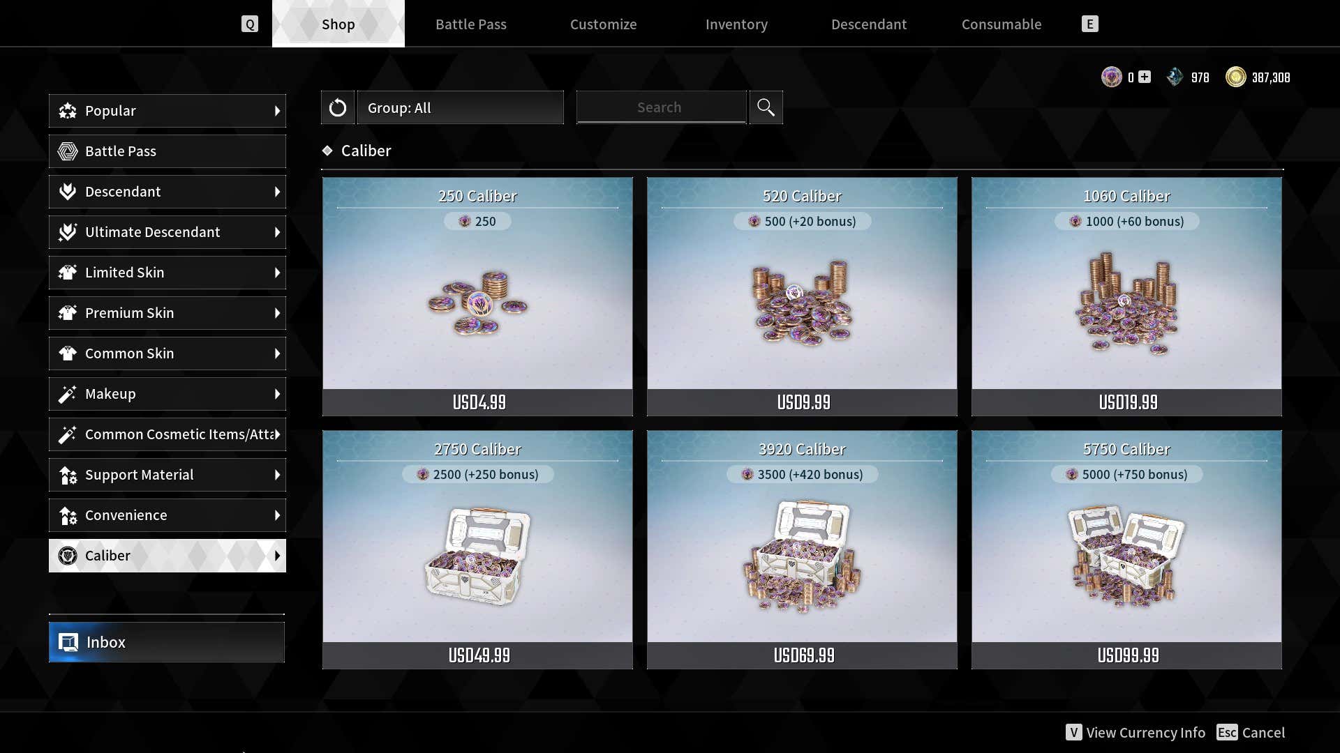 A screenshot of the First Descendants store showing the different prices for Caliber.